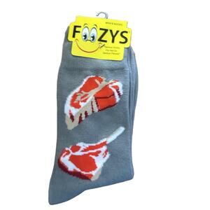 NWT Foozys Crew Length Steak Pattern Grill Grey Socks Mens One Size